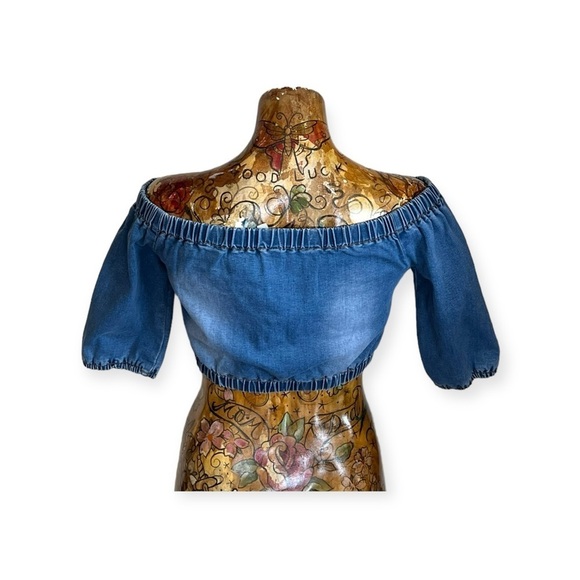 American Bazi crop top cold shoulder denim zip front small blue - Picture 5 of 8